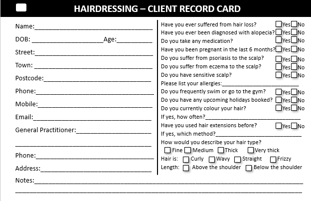 Beauty Salon Client Record Card Template 